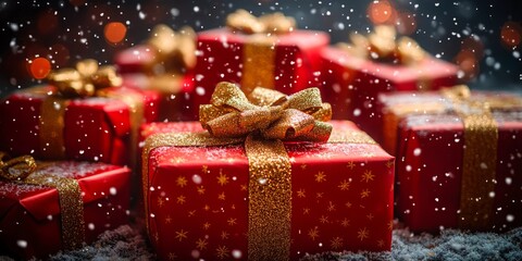 Beautifully wrapped Christmas presents with golden ribbons and bows on a snowy background.