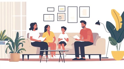 A social worker conducting a home visit, sitting on a couch with a family discussing their needs