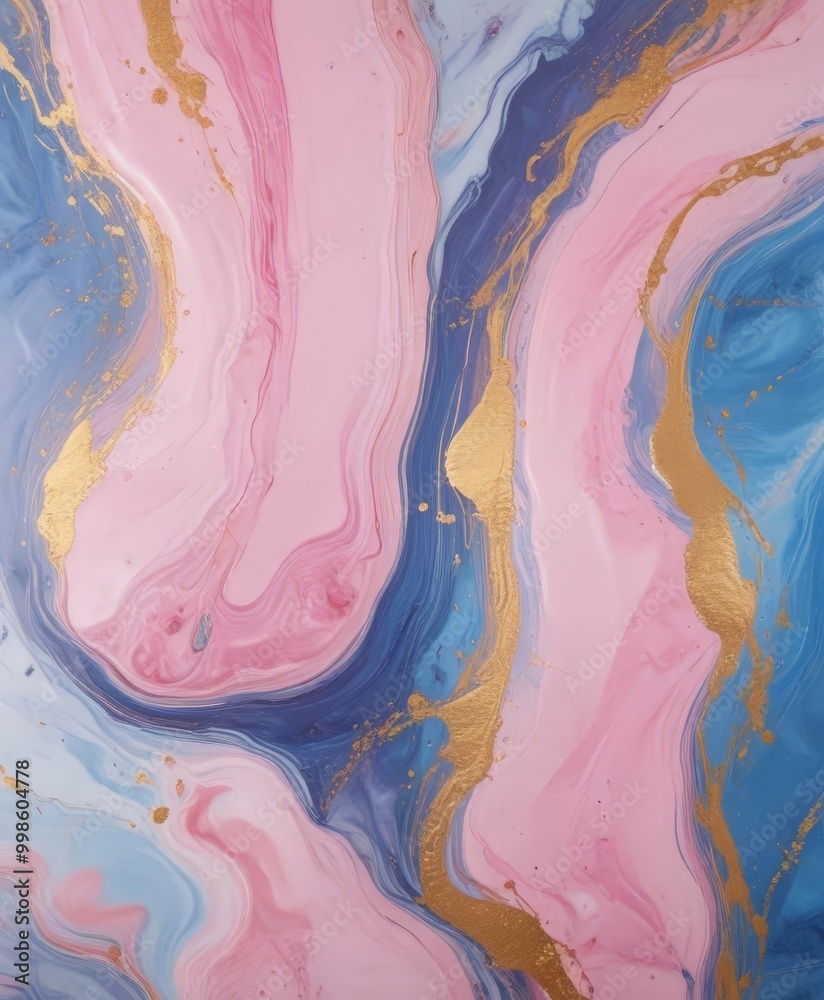 Aufkleber a vibrant abstract painting with pink, blue, and gold hues the painting is characterized by fluid, s