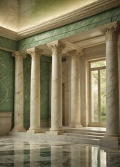 a grand interior space with a series of marble columns and a marble floor, set against a green marble wall The columns are arranged in a symmetrical pattern, with the top