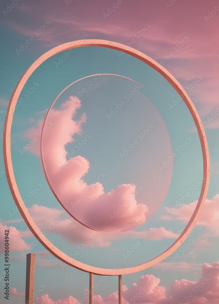 Poster a surreal featuring a circular frame with a reflection pink and blue sky and clouds inside, set agai