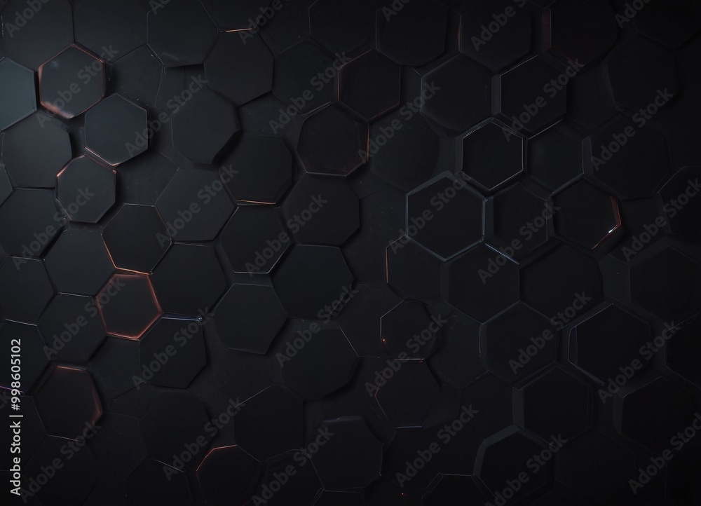 Fototapete A dark, abstract background composed of numerous hexagonal shapes in varying shades of black and orange, creating a visually striking pattern