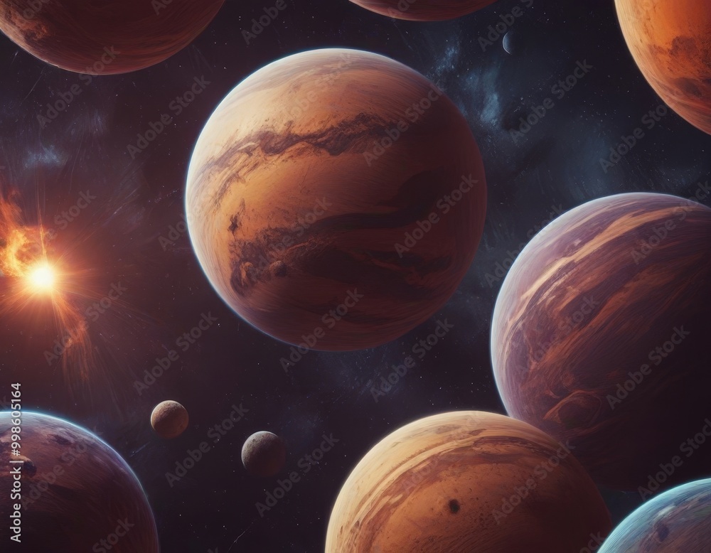 Poster A digital illustration solar system with planets of various sizes and colors, including a large orange planet in the center and smaller planets surrounding it