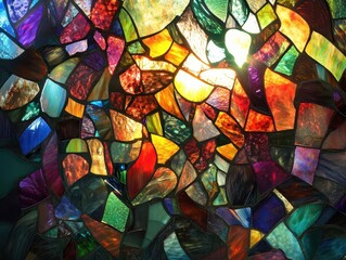 abstract stained glass mosaic with jeweltoned fragments sunlight streaming through creating kaleidoscope of colors intricate patterns suggesting organic forms