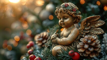 Fototapeta premium A serene angel figurine adorned with pinecones and berries, captured at twilight during the festive season. Generative AI