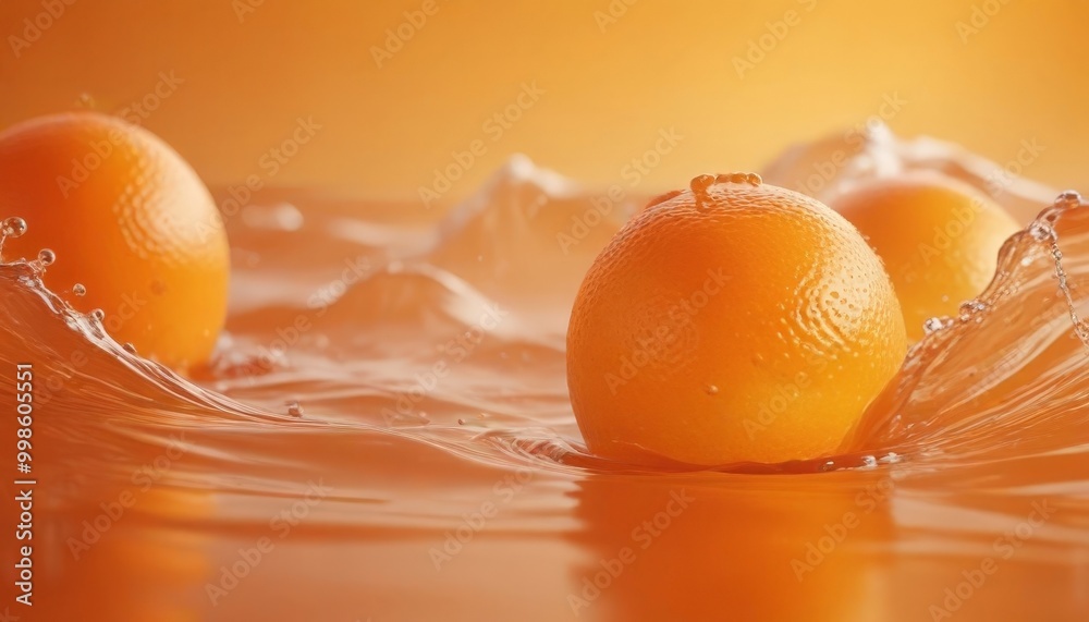 Aufkleber Three oranges are captured in a dynamic splash of orange juice, with the largest splash in the center and the smaller splashes on either side