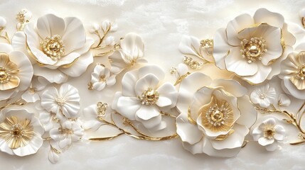Chic white and gold floral border featuring ornate jewelry-inspired flowers. The gold detailing adds a touch of sophistication to the delicate white designs