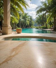 Obraz premium A tranquil tropical pool scene with a stone patio, palm trees, and a clear blue sky