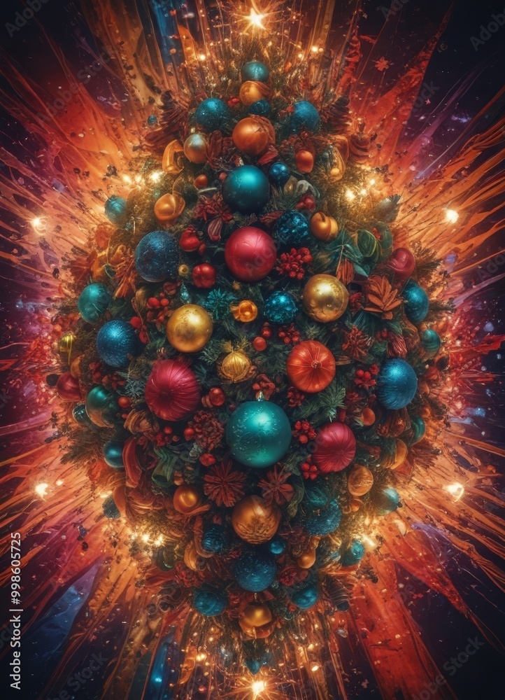 Poster a digital illustration christmas tree adorned with colorful ornaments, surrounded by a burst of ligh