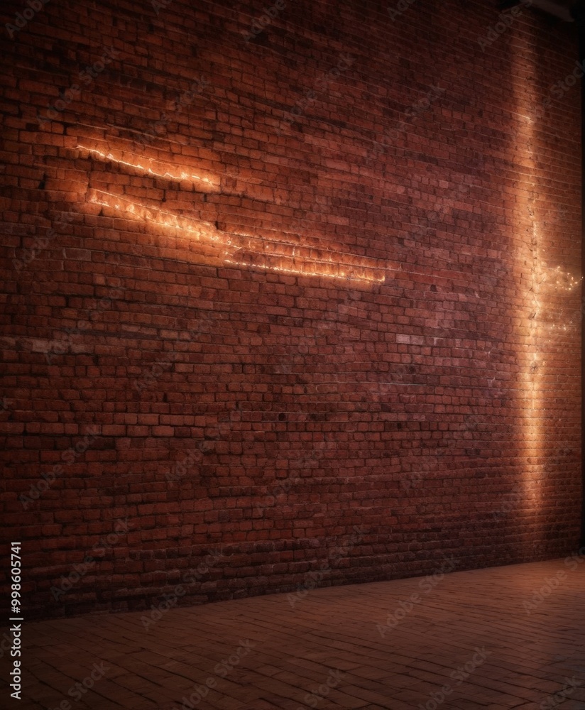 Poster a brick wall with a glowing neon sign and a single light source on the right side