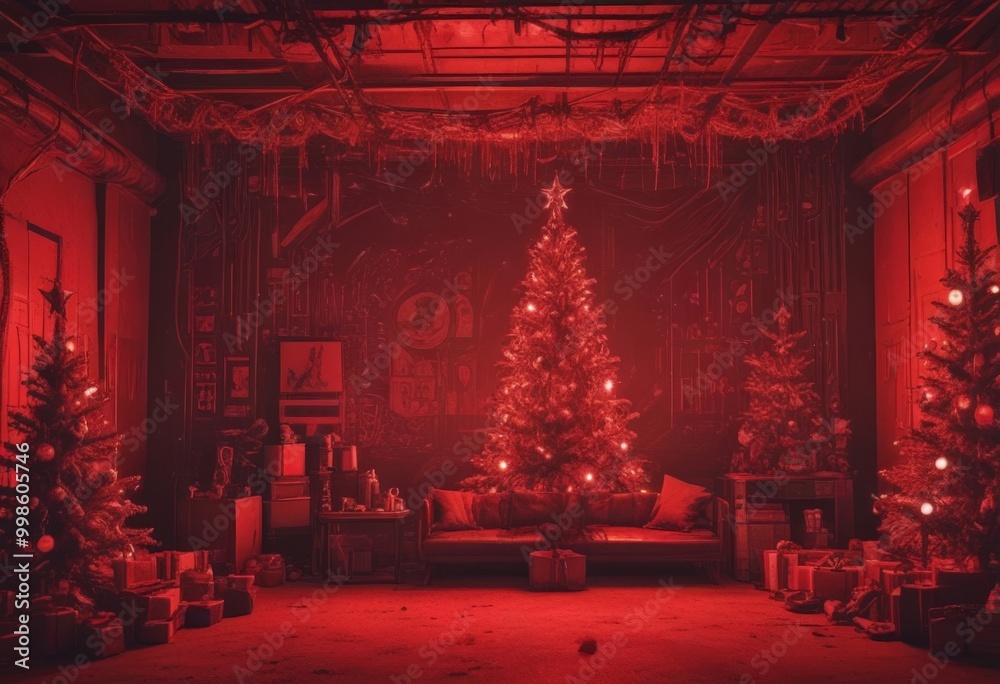 Poster a christmas scene with a large, brightly lit christmas tree in the center, surrounded by smaller tre