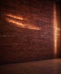 A brick wall with a glowing neon sign and a single light source on the right side