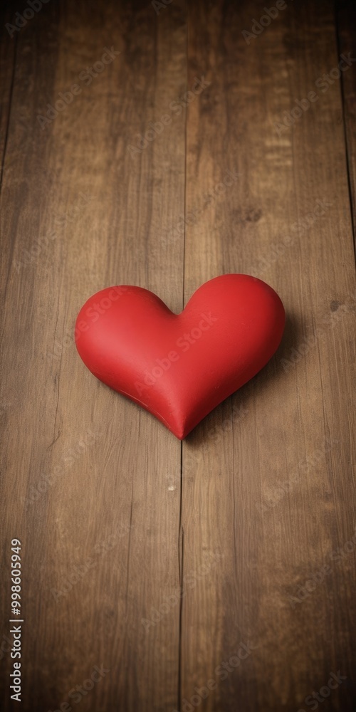 Poster a red heart-shaped object rests on a wooden surface, its vibrant color contrasting with the natural 