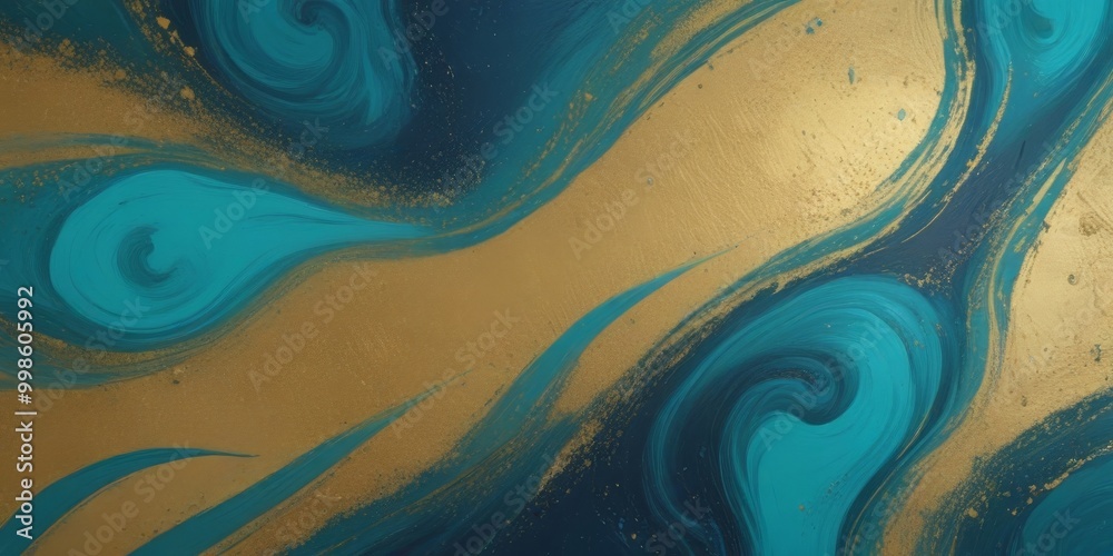 Fototapete a swirling pattern of blue and gold paint, with the blue paint appearing to be in motion and the gol