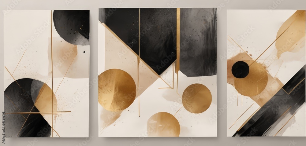 Poster three abstract paintings with geometric shapes and patterns in black, gold, and white