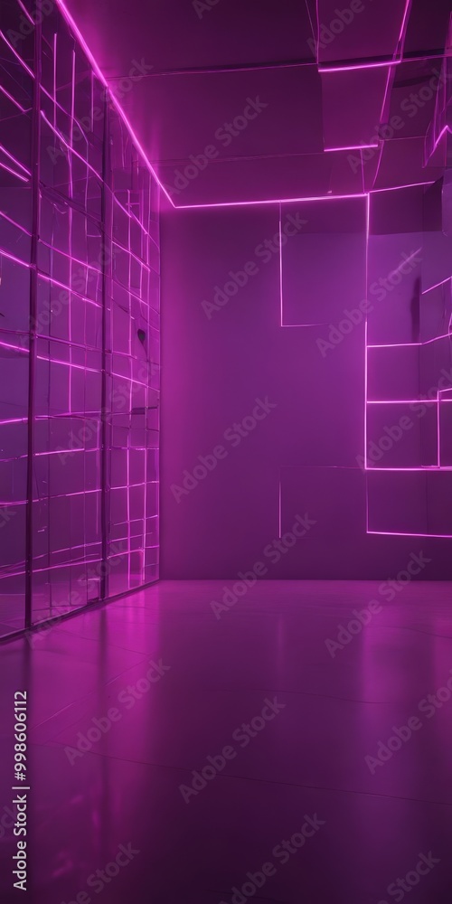 Poster a dimly lit room with a purple glow, featuring a grid-like pattern on the walls and a reflective floor