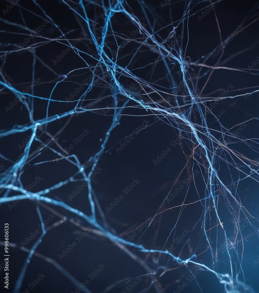 Aufkleber a close-up view spider web, with the intricate network of thin strands of blue and brown against a d
