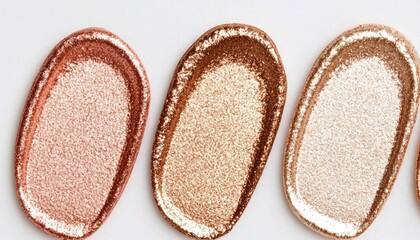 Close-up of foiled bronzer and highlighter swatches in metallic copper, gold, and champagne, showing off their smooth, reflective surface.