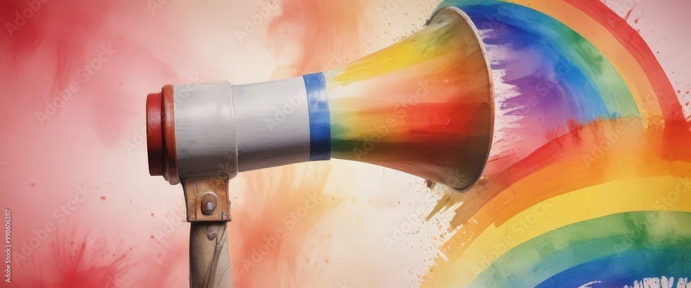 Poster a close-up view megaphone with a rainbow painted on its side, set against a pink and orange backgrou