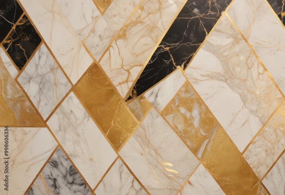 Aufkleber a close-up view diamond-shaped pattern composed of white and gold marble tiles arranged in a diagonal grid