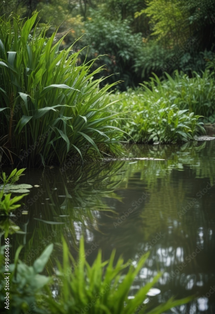 Poster a tranquil pond surrounded by lush greenery, with the reflection of the plants and trees visible on 