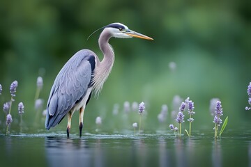 Obraz premium A heron with lavender and white flowers on its back wading in a lake with a soft green bokeh, Ai Generated