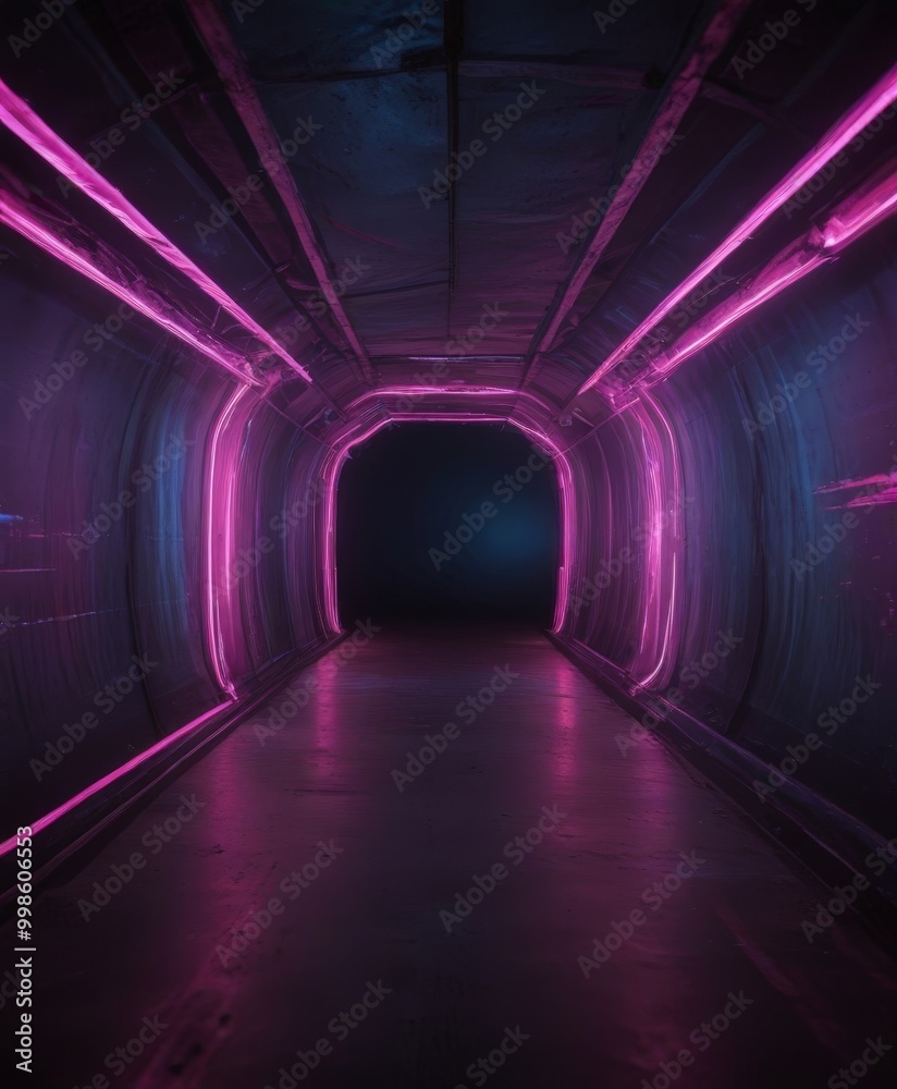 Poster a long, dark corridor with a curved ceiling and glowing pink and purple lights on either side, creat