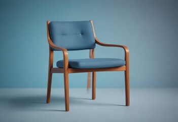 Fototapeta premium A blue upholstered wooden chair with a curved backrest and armrests, set against a light blue background