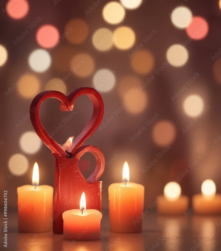 Fototapete A red heart-shaped candle holder with two smaller candles in front of it, set against a blurred background of colorful bokeh lights