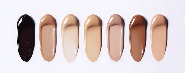 Sheer, hydrating foundation swatches arranged in a gradient from fair to deep skin tones, with a dewy, glassy finish.