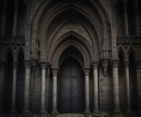 The Gothic entrance building, featuring a dark wooden door flanked by tall, ornate columns and arches