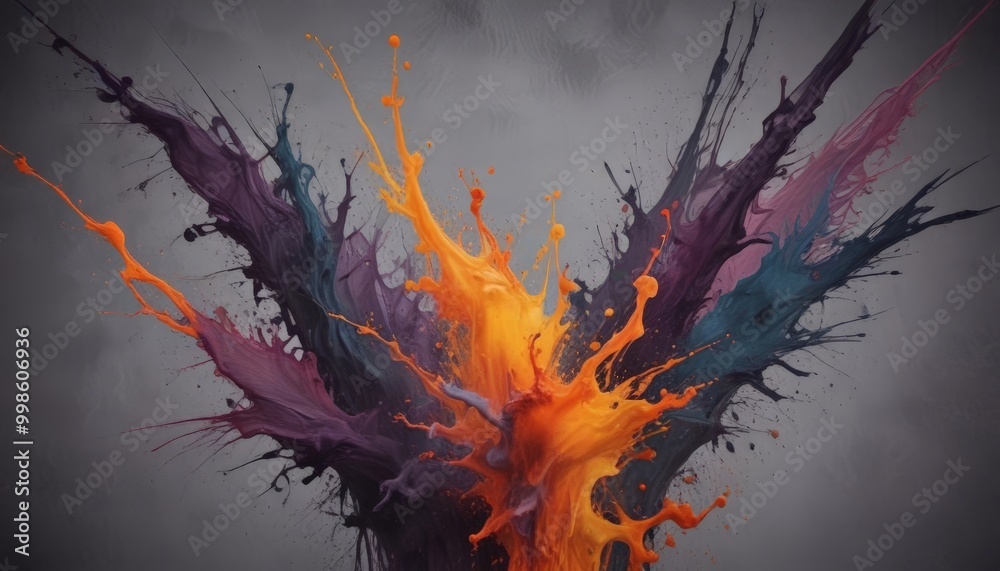Poster a vibrant splash of color, with orange, purple, and blue paint splashing and spreading outwards, cre