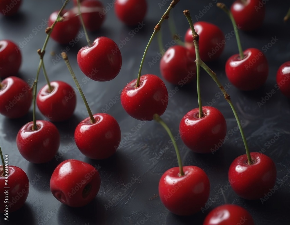 Poster a close-up view collection of ripe, red cherries arranged on a dark surface, with some of the cherri