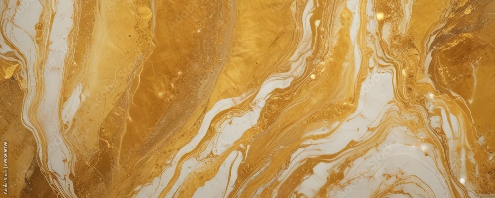 Poster a close-up view marble surface with a swirling pattern of gold and white colors, creating a sense of movement and depth