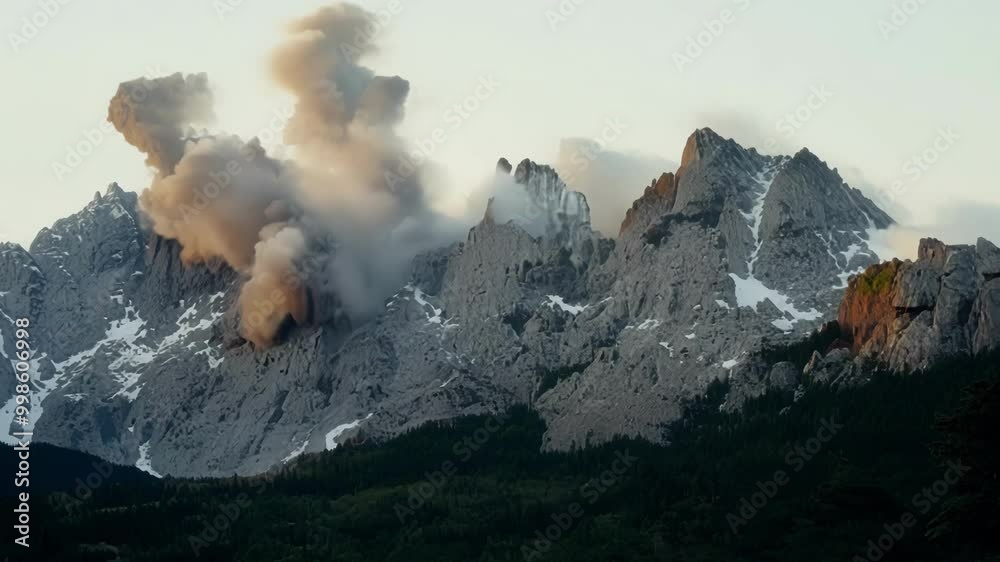 Aufkleber Smoke is billowing into the sky above a mountain range, creating an ominous scene of destruction and the aftermath of a disaster