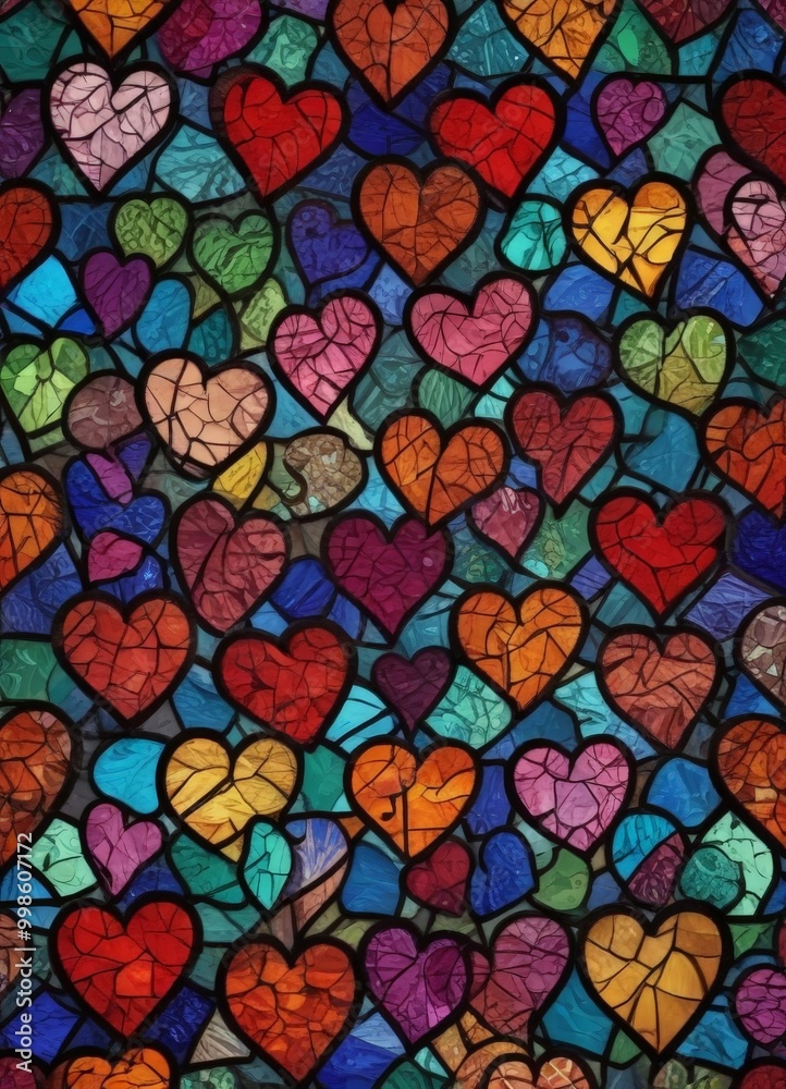 Fototapete a vibrant mosaic of multicolored stained glass hearts, each with unique patterns and hues, creates a