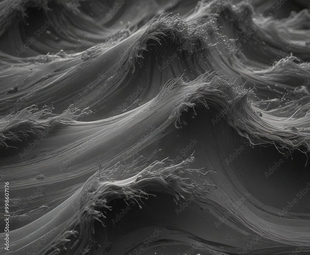 Poster a close-up view wave, captured in black and white the wave has a textured, wave-like appearance, wit