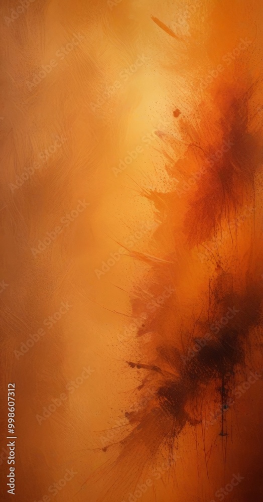 Poster Abstract art with a warm orange and brown color palette, featuring splashes of color and texture
