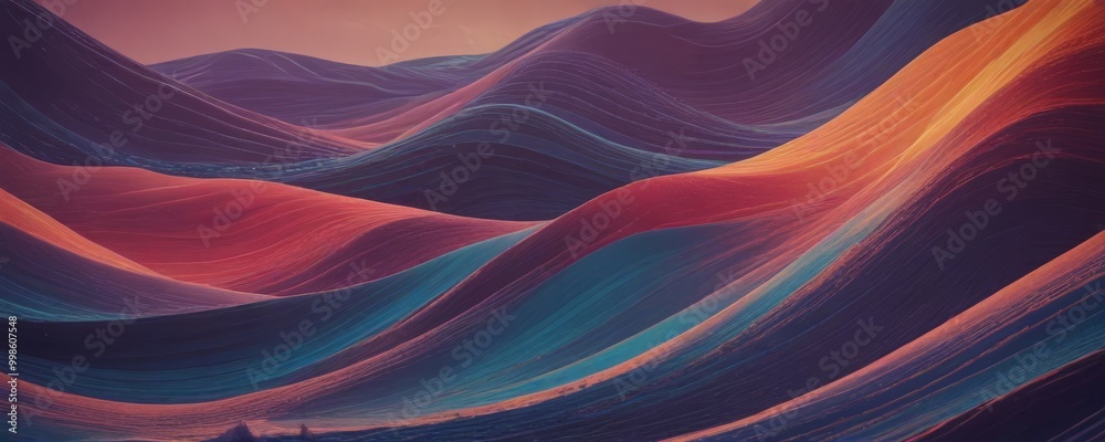 Poster a vibrant, abstract landscape with a series of undulating, wave-like patterns in a range of warm and cool colors, including shades of orange, red, blue, and purple, set against
