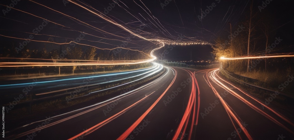 Aufkleber A night-time highway with blurred car lights streaking across the frame, creating a sense of motion and speed