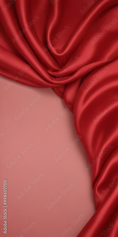 Poster a close-up view red satin fabric, with the fabric's folds and creases creating a dynamic and flowing appearance The background is a soft pink color, providing a