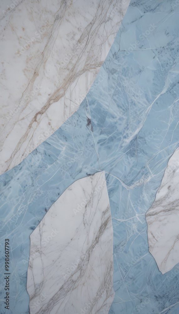 Poster a close-up view marble surface with a mix of white and light blue hues, featuring a textured and cra