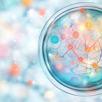 Graphene electrode interacting with biological cells in a lab dish top view Show graphene's potential in biotechnology robotic tone Complementary Color Scheme