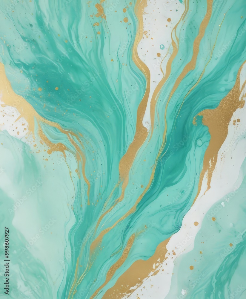 Poster a vibrant abstract painting with turquoise and gold hues, creating a dynamic and swirling pattern