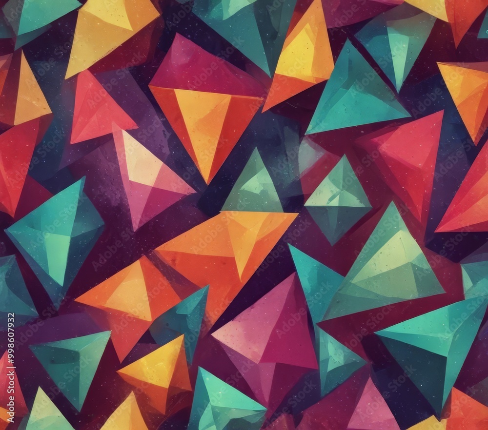 Poster a vibrant and abstract pattern composed of numerous triangles in various colors, including red, orange, yellow, green, blue, and purple, arranged in a seemingly random
