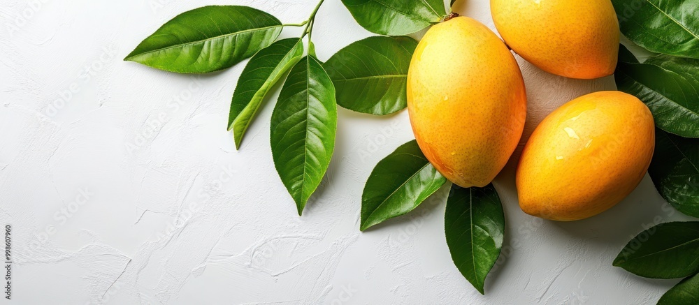 Wall mural Three ripe yellow mangoes with green leaves on a white background.