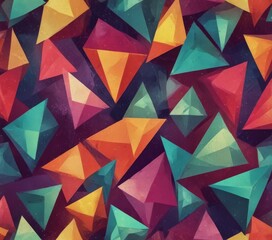 Fototapeta premium a vibrant and abstract pattern composed of numerous triangles in various colors, including red, orange, yellow, green, blue, and purple, arranged in a seemingly random