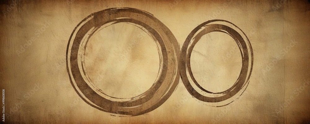 Poster two overlapping circles, one larger than the other, are depicted against a textured, aged brown back
