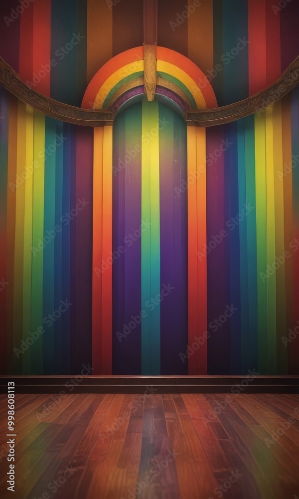 Poster a vibrant, rainbow-colored room with a wooden floor and a curved archway in the center, creating a v