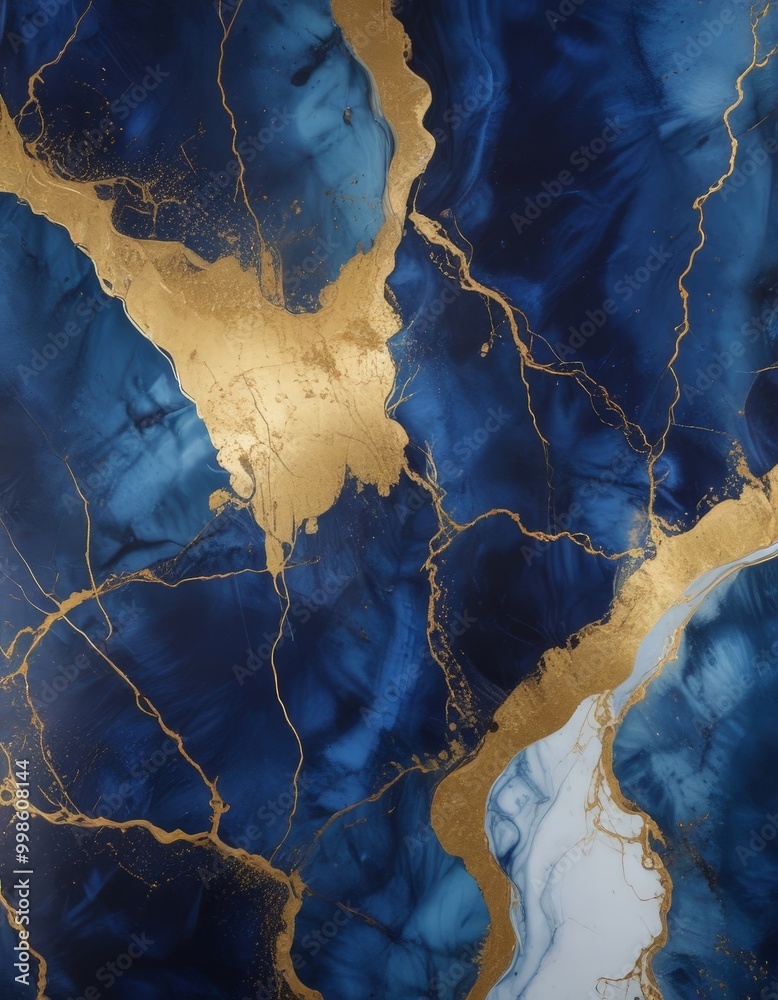 Fototapete a close-up view marble-like surface with a striking pattern of blue and gold hues The marble appears to be made translucent material, giving it a unique and